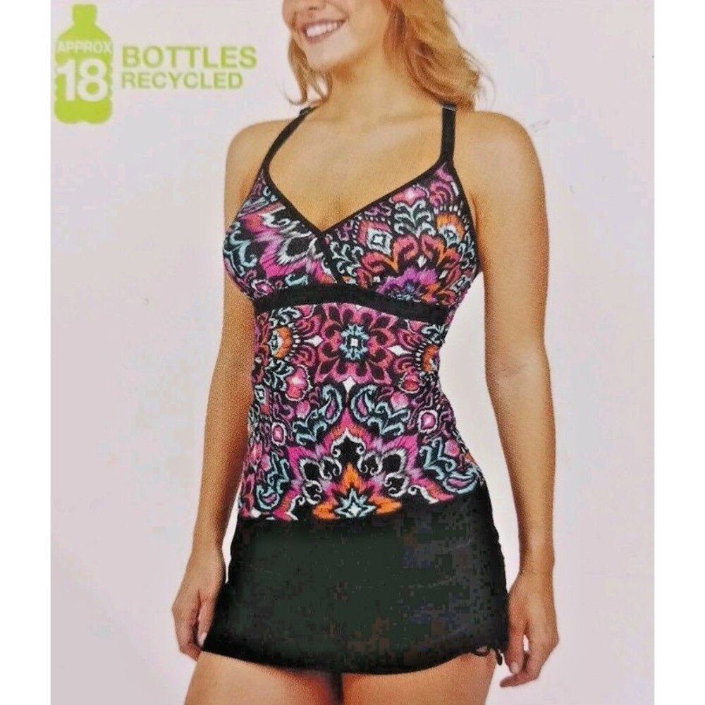 Free Country 2 Pcs Swim Set Bathing Suit Macrame Back Tankini Skirt Bottom NWT